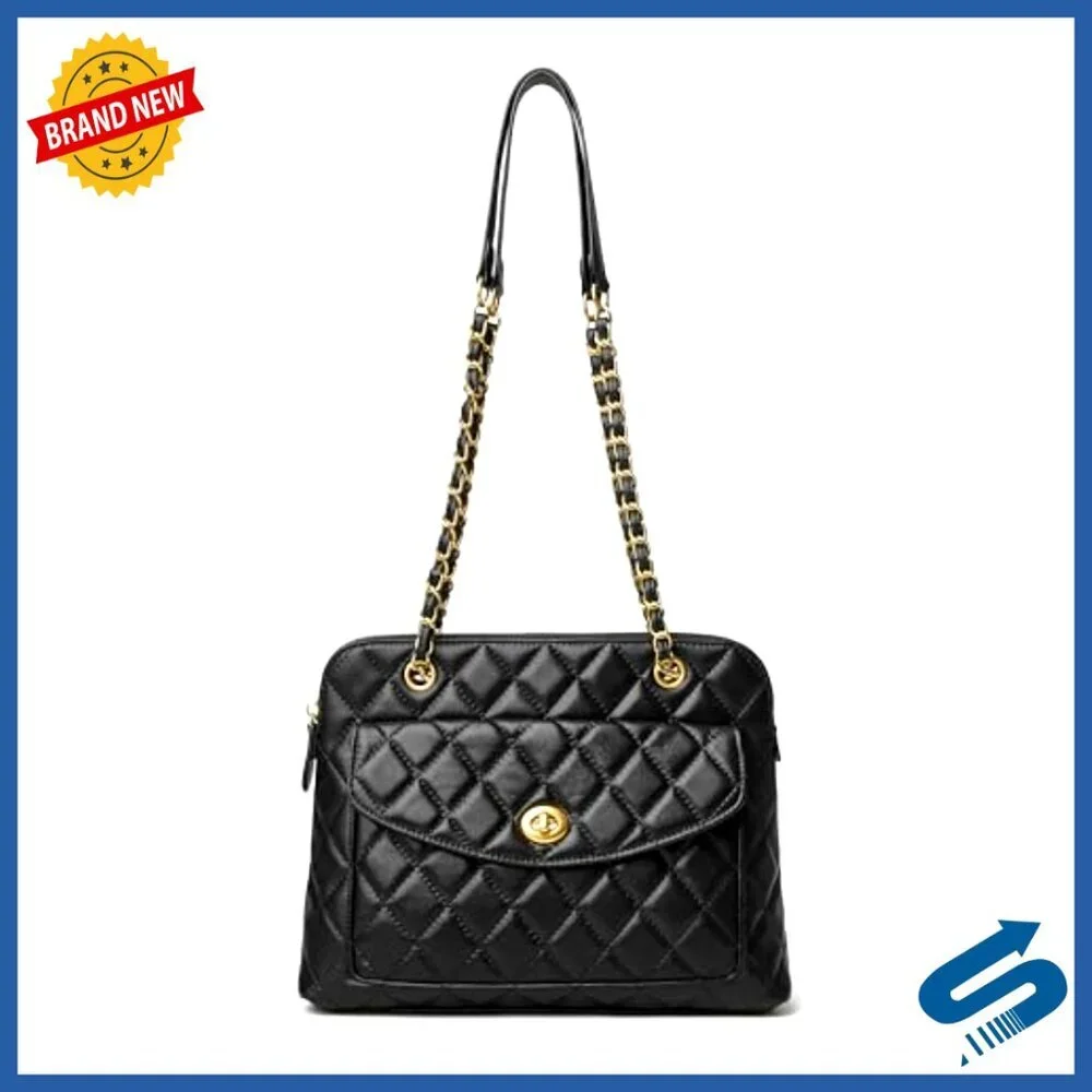 Quilted Leather Satchel Shoulder Bag with Detachable Chain Strap